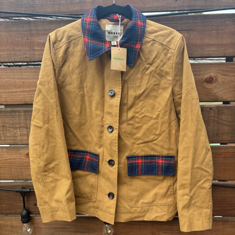 Boden Canvas Barn Jacket Women 12 Hazelnut Brown NWT Plaid Trim Utility
